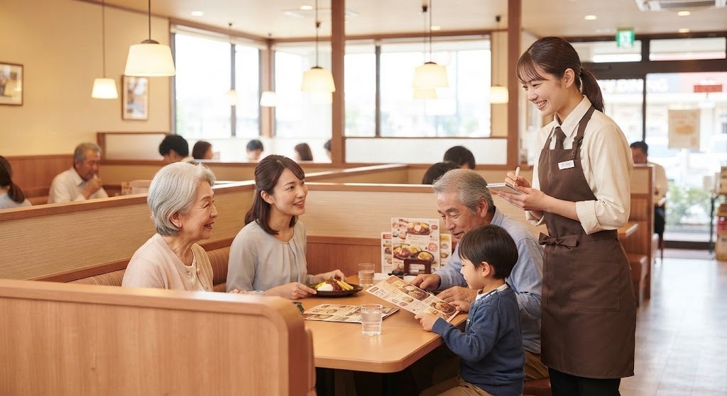 家族でメニューを見ながら過ごす店内