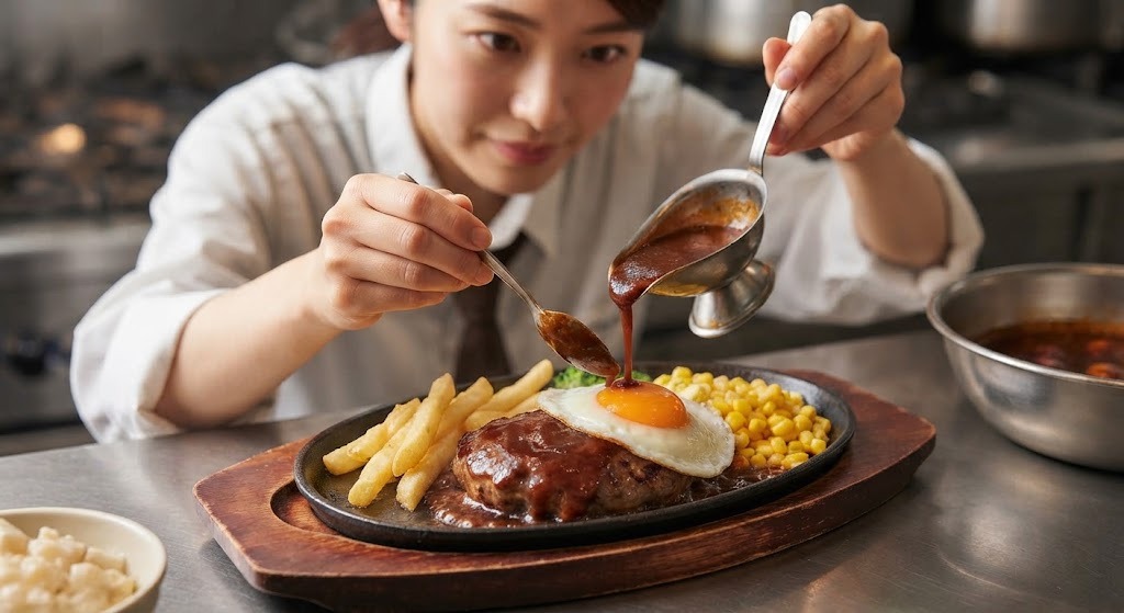 デミグラスソースをかけたハンバーグ
